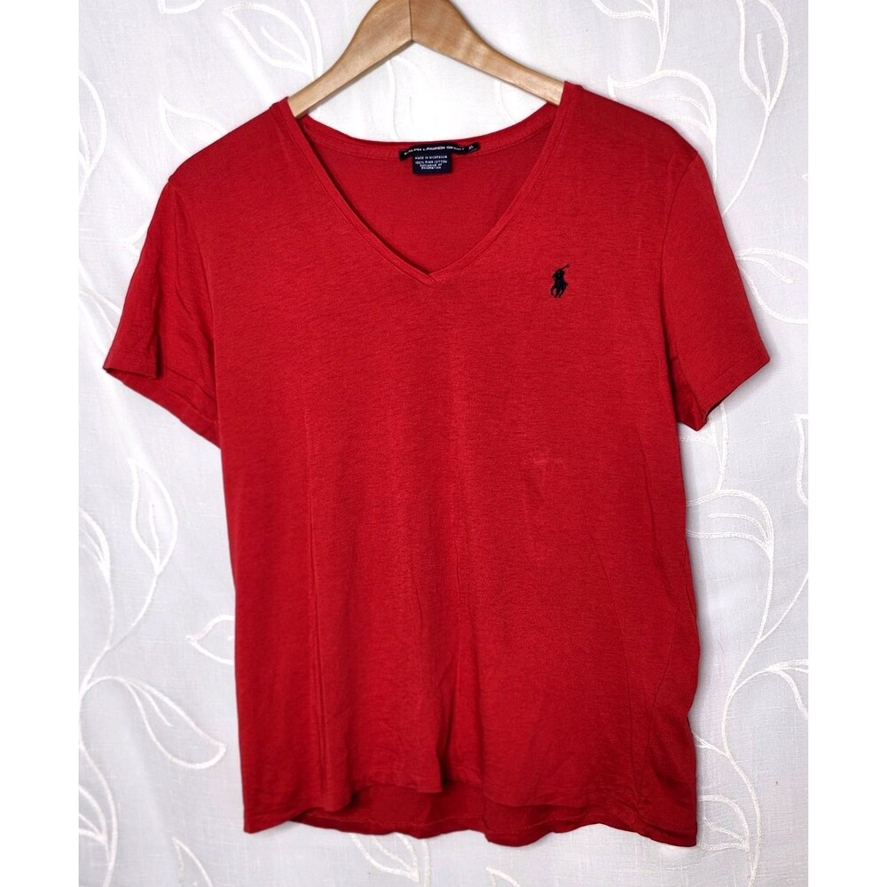 Ralph Lauren Sport V Neck Top Womens XL Red Blue Pony Cotton Stretch Shirt